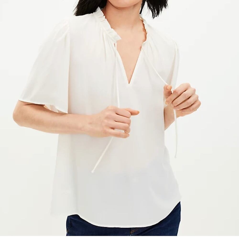 Ann Taylor LOFT Ruffle Tie Neck Mixed Media Top,  Size Small